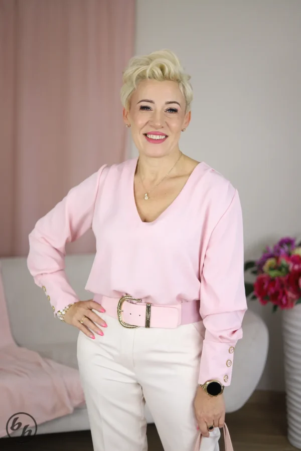 Bluzka damska mankiet guziki- pudrowy róż