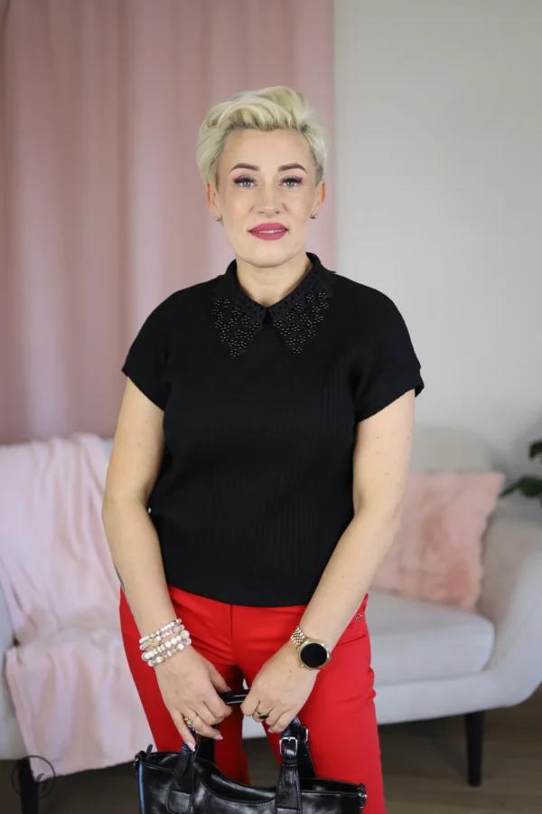 Bluzka damska kołnierzyk perełki- czarna