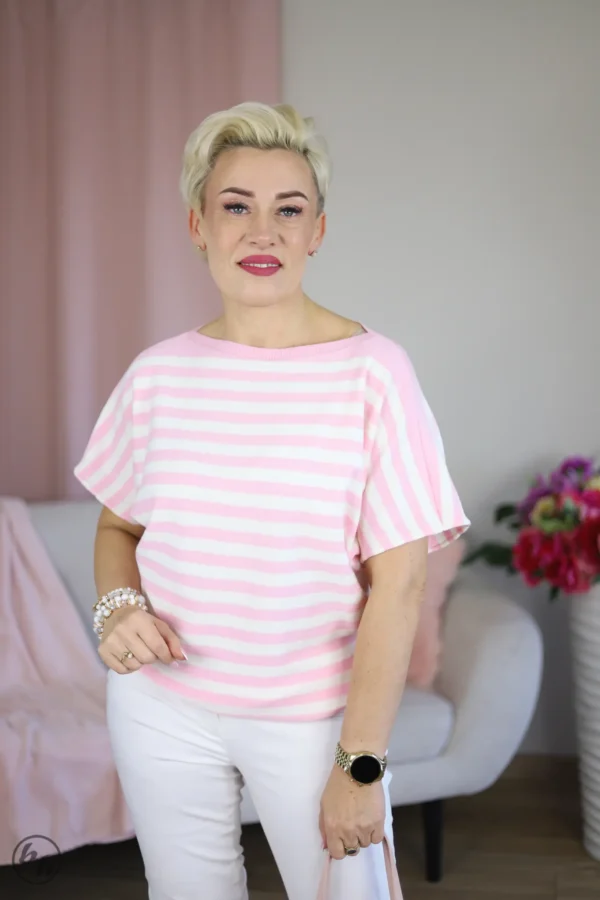 Sweter paski kimono- pudrowy róż