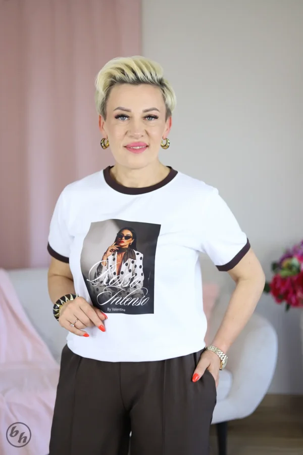 T-shirt damski- lamówka czekoladowa